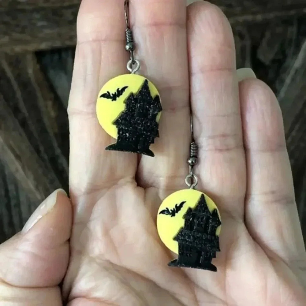 3 for $25/ Haunted House & Moon Handmade Clay Polymer Halloween Earrings NWT